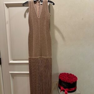 Designer couture Herve Leger fitted stretch knit metallic dress fringes XS Pink